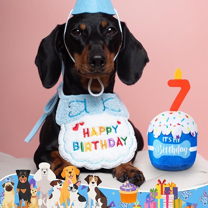 Dog Birthday Cake Toy Accessories for Girl Boy Gifts, Squeaky Plush Toy for Dog Birthday Party Decor Favor for Large, Medium and Small Dogs(7th,Blue)