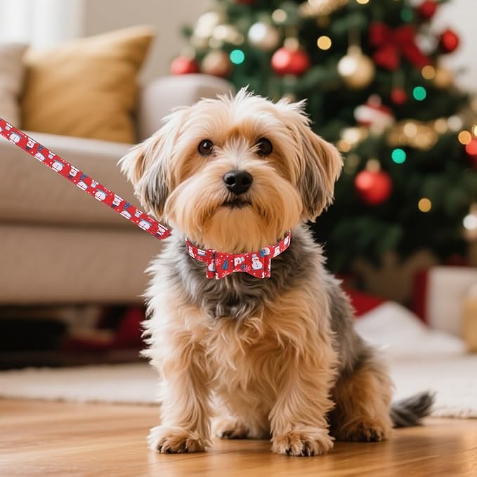 KOOLTAIL Christmas Dog Collar and Leash Set with Bowtie and Bells - Puppy Collar and Leash for Boy Girl with Snowman Matching Pattern, Soft Leather Tangle Free Leashes for Small Dogs,Cats