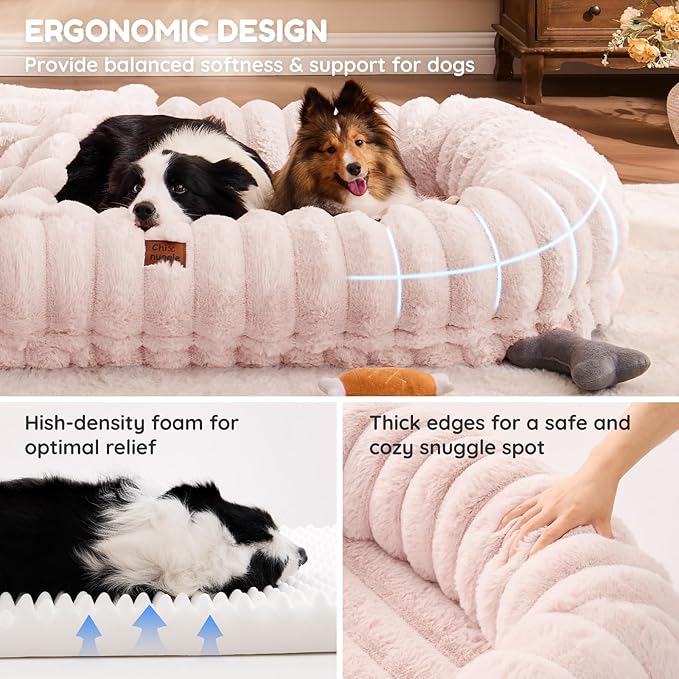 ChiXnuggle Human Dog Bed for Adult - Luxury Striped Faux Fur Giant Dog Bed with Portable Handle, Egg Orthopedic Foam Pad with Thick Warm Blanket, 72"x40"x10", Pink