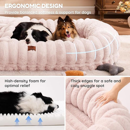 ChiXnuggle Human Dog Bed for Adult - Luxury Striped Faux Fur Giant Dog Bed with Portable Handle, Egg Orthopedic Foam Pad with Thick Warm Blanket, 72"x40"x10", Pink