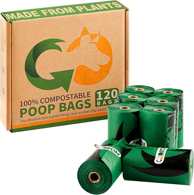 Certified 100% Home Compostable Poop Bags for Dogs, 120 Count Guaranteed Leak Proof and 18 Microns Extra Thick Waste Bag, 8 Rolls of Plant Based Doggie Poop Bag, No Scented with ASTM D6400 & EN13432