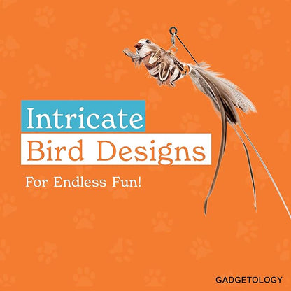 GADGETSOLOGY Interactive Bird Simulation Cat Toy Set for Bored Indoor Adult Cats Feather Toy Wand 5 Pcs Natural Bird Feathers Stable Round Base Wand Cat Toys for Indoor Cats Hunting Toys