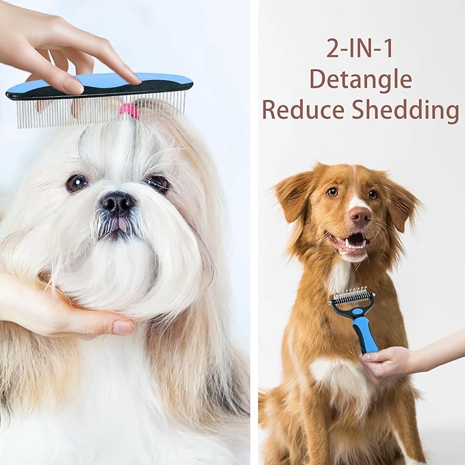 Pet Grooming Rake - Blue Deshedding Comb with Grooming Comb for Dogs and Cats,Double-Sided Dematting Tool,Extra-Wide Deshedding Dog Brush for Long Hair to Effectively Remove Tangles,Knots and Mats