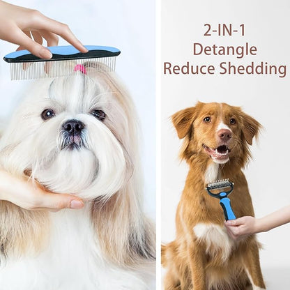 Pet Grooming Rake - Blue Deshedding Comb with Grooming Comb for Dogs and Cats,Double-Sided Dematting Tool,Extra-Wide Deshedding Dog Brush for Long Hair to Effectively Remove Tangles,Knots and Mats