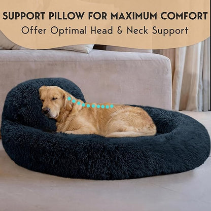 PetJett XL Dog Beds for Large Sized Dog - 45'' Extra Large Dog Bed, Anti-Slip & Washable Super Soft Round Donut Bed, Fluffy Faux Fur Anti-Anxiety Premium Comfort Pet Bed, Fits Dogs up to 120 lbs