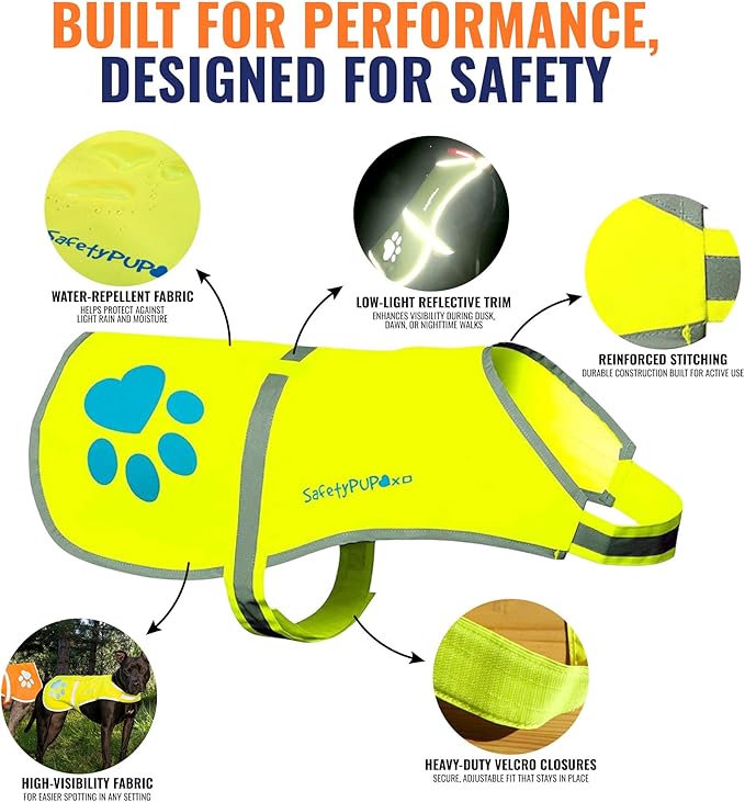 SafetyPUP XD Dog Reflective Vest – Hi-Vis Fluorescent Visibility That Helps to Safeguard Your Pet On/Off Leash in Urban & Rural Areas (Yellow, X-Large)