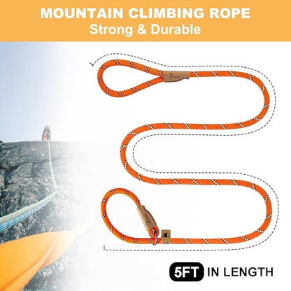 5 FT Slip Lead Dog Leash, Heavy Duty Rope Leash for Small Medium Large Dogs, No Pull Training Lead with Reflective Thread, Strong Comfortable Loop Leash (Orange Stripe, Large(1/2"))