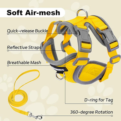 Small Dog Harness and Leash Set，No Pull Adjustable Pet Harness for Small Dogs ，Breathable Mesh Reflective Dog Vest Harness (Yellow, S)