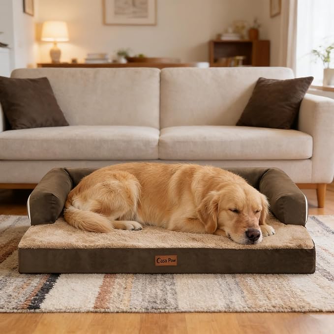Casa Paw Orthopedic Dog Beds for Large Sized Dogs, Waterproof Egg Crate Foam Large Dog Couch Beds with Comfy Bolster 36x27Inch, Washable Pet Beds with Removable Cover and Nonskid Bottom, Brown