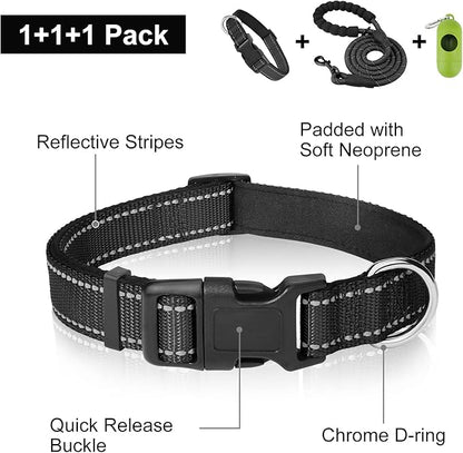 Dynmeow Reflective Dog Collar and Leash Set, 6FT Strong Climbing Rope Leash with Padded Handle, Adjustable Pet Collar with Soft Neoprene Padding for Puppy Small Dogs, Black, Xs