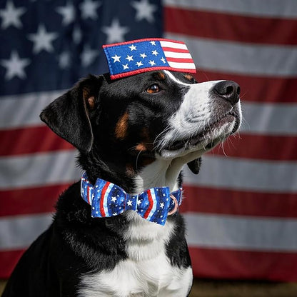 4th of July Dog Collar with Bow Tie - Flag Day Stars & Stripes Patriotic Bowtie Collar Independence Day Safety Dog Collars for Small Medium Large Dogs XS