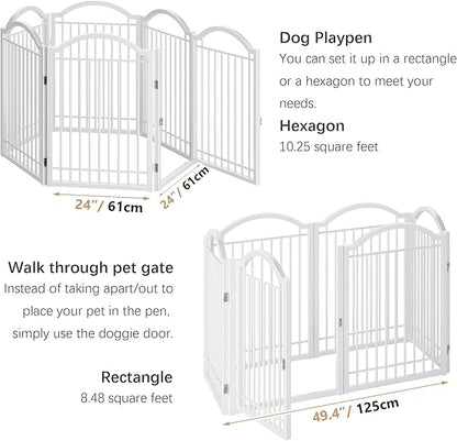BHG Metal No-Assembly Freestanding Dog Gate with Door Walk Through, Extra Wide 144", Extra Tall 32" Pet Gate, Accordion Puppy Folding Playpen Dog Fence, with 2PCS Support (White, 6 panesl)