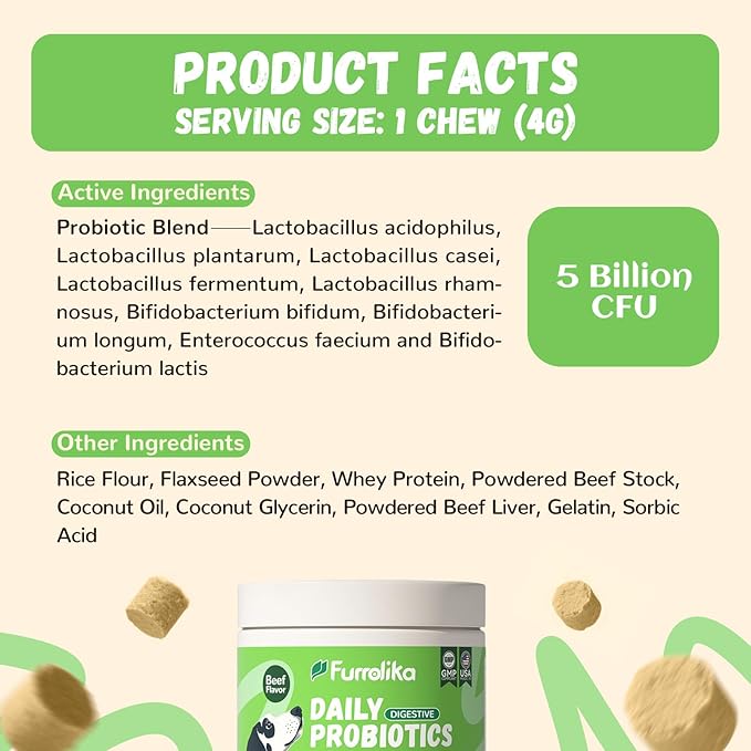 Furrolika Probiotics for Dogs – Supplements for Gut Health, Digestive Support, Immune Support & Diarrhea Relief – Beef Flavor Dog Probiotic Soft Chews