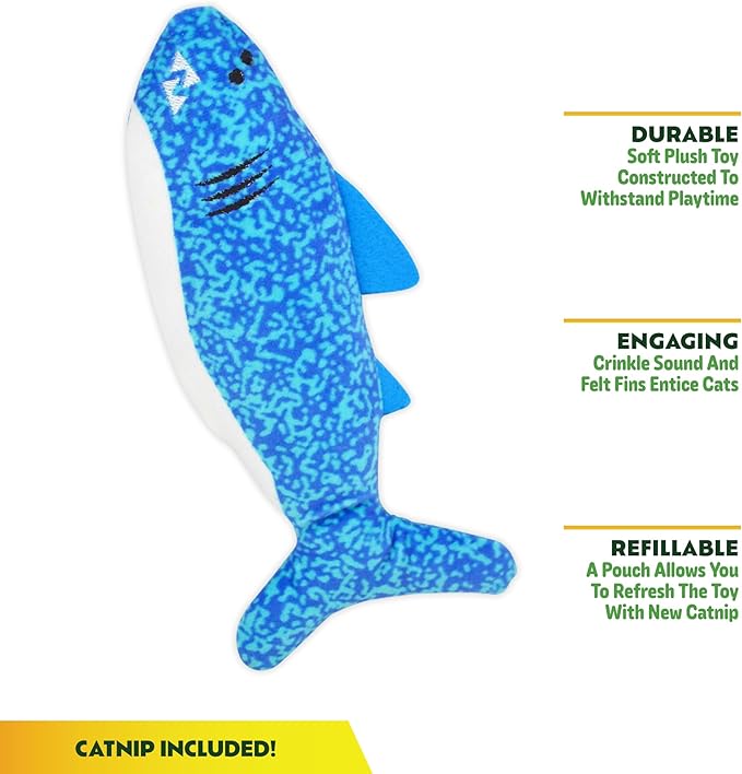 KITTY KA-ZOOM ZOOMIE Shark Kicker - Refillable Catnip Toy + Catnip | High Potency Hand Harvested Fresh | Soft Plush for Engaging Play