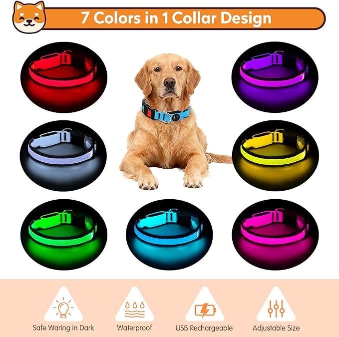 LED Dog Collar, Light Up Dog Collar USB Rechargeable, Nylon Adjustable Comfortable Soft Bright RGB 7 Colors Changeing Safety Light Glowing Collar for Medium and Large Dogs(Medium,Blue)