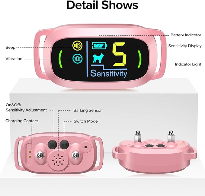 FAFAFROG Dog Bark Collar, Rechargeable Smart Collar, Anti Barking Training Collar with 5 Adjustable Sensitivity Beep Vibration, Bark Collar for Large Medium Small Dogs (Pink)