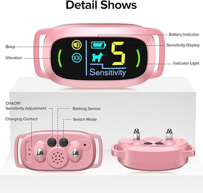 FAFAFROG Dog Bark Collar, Rechargeable Smart Collar, Anti Barking Training Collar with 5 Adjustable Sensitivity Beep Vibration, Bark Collar for Large Medium Small Dogs (Pink)