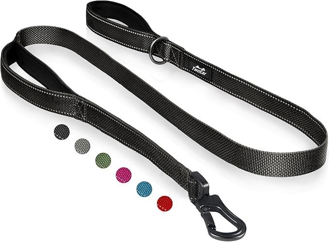 TwoEar 5FT 1IN Strong Black Dog Leash with 2 Padded Handles, Traffic Handle Extra Control, Comfortable Soft Dual Handle, Auto Lock Hook, Reflective Walking Lead for Small Medium and Large Dogs