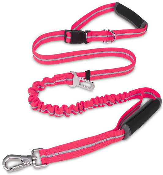 PUPTECK Heavy Duty Bungee Leash for Medium Large Dogs, No Pull Tactical Dog Leash with Double Handles for Training, Reflective with Car Seatbelt and Quick Release Buckle, Pink