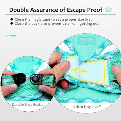 Zelvian Cat Harness and Leash Set for Walking, Escape Proof Adjustable Soft Mesh Kitten Harness with Reflective Strips, Breathable No-Choke Pet Vest for Large Cats or Small Dogs(Green,L)