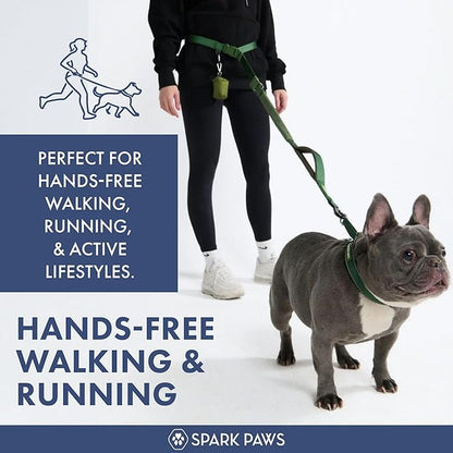 Spark Paws Handsfree Dog Leash – Shock Absorbing Waist Bungee Lead for Running, Car Seatbelt Clip & Poop Bag Set, Heavy Duty Tactical Lead for Medium, Large & X-Large Breeds - Army Green