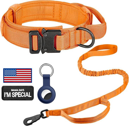 DAGANXI Tactical Dog Collar, Adjustable Military Training Nylon Dog Collar with Control Handle and Heavy Metal Buckle for Medium and Large Dogs, with Patches and Airtags Case (Orange-Set, L)