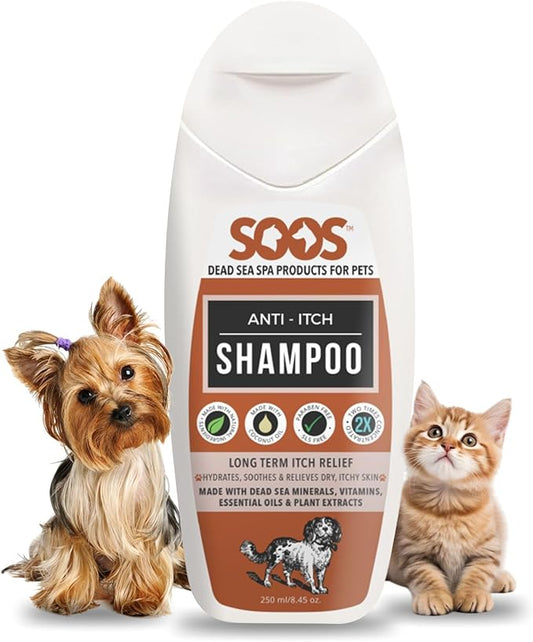 Soos Pet Shampoo Anti-Itch Cat and Dog Shampoo Dead Sea Minerals Fast Absorbing Soothes Itching Clean Fur with Vitamins Essential Oils Natural Ingredients - 1x Bottle (250ml)
