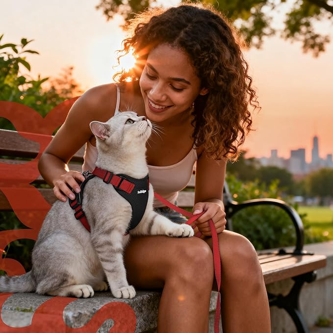 rabbitgoo Cat Harness and Leash for Walking, Escape Proof Soft Adjustable Vest Harnesses for Cats, Easy Control Breathable Reflective Strips Jacket, Black & Red, M
