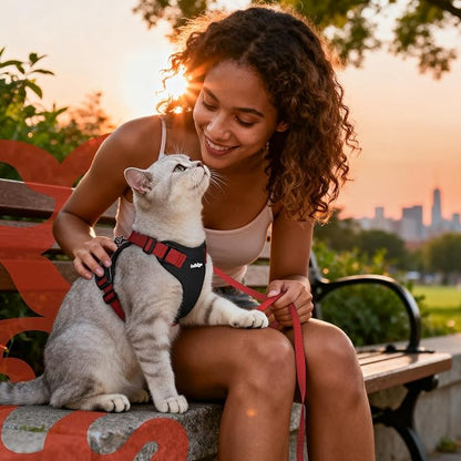rabbitgoo Cat Harness and Leash for Walking, Escape Proof Soft Adjustable Vest Harnesses for Cats, Easy Control Breathable Reflective Strips Jacket, Black & Red, M