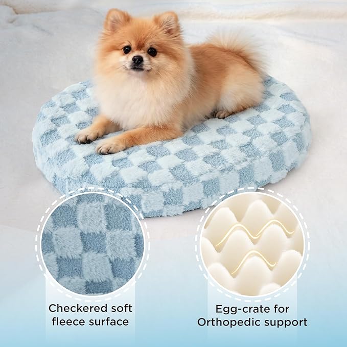 Joydeco Cloud Dog Bed for Small Dogs & Cats, Washable Pet Bed with Orthopedic Foam and Removable Checkered Plush Pad, Non-Slip Bottom for Indoor Puppies and Kittens, 27x24 Inch, Light Blue