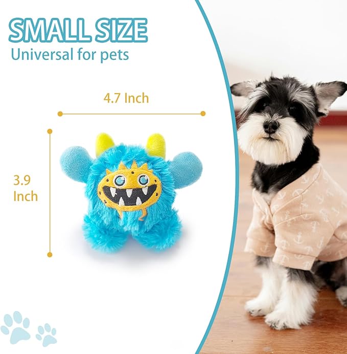 FCCUM Plush Squeaky Dog Toy Ball, Chew Guard, Soft and Comfortable, Training and Companionship, Little Monster Puppy Toys Suitable for All Breeds, (Blue, Small)