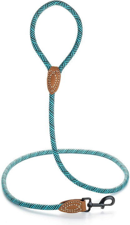 Mile High Life Rope Leash with Genuine Leather Connection, 6 FT/5 FT/4 FT, Heavy Duty Leash for Medium & Large Dogs (Turquoise Green, 48 Inch)