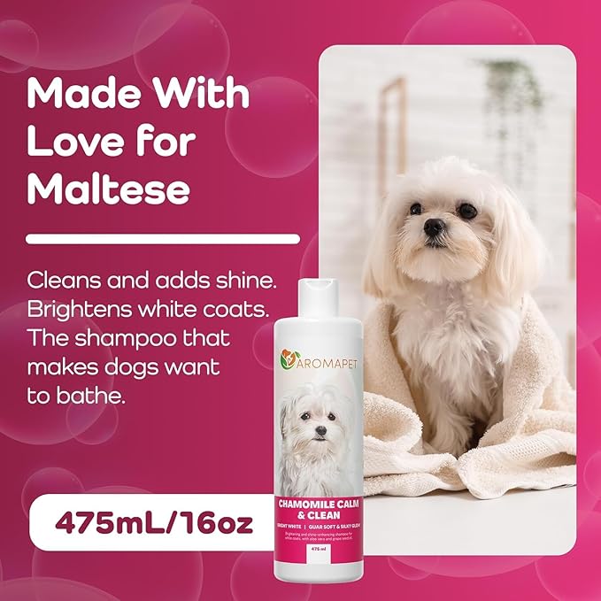 Chamomile Calm & Clean Dog Shampoo for White Coats - Deodorizing Dog Shampoo with Aloe, Argan Oil, Chamomile, Grape Extract - Great for Maltese, Gentle, Hypoallergenic. Soft & Silky Glow.
