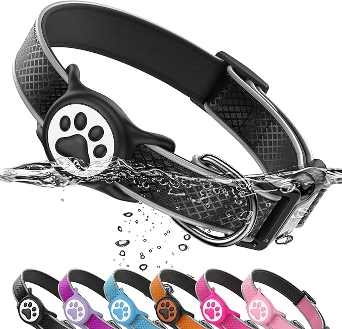Airtag Dog Collar, IPX8 Waterproof Air Tag Dog Collar Holder | Reflective Ultra-Durable | Soft Padded | Safety Locking Buckle | Fit Miedium Dogs (Black M(12.6"-19.6"))