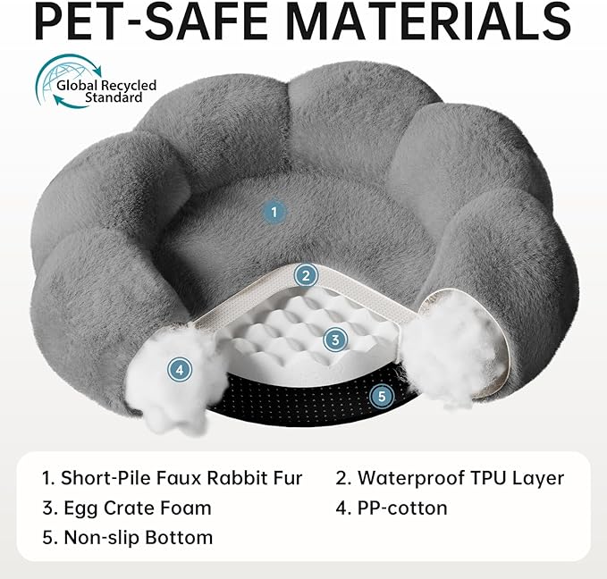 OhGeni 31 inches Calming Donut Orthopedic Dog & Cat Bed for Medium Pets, Warming Comfort Fluffy Short Pile Fur, Durable Waterproof Machine Washable Removable Cover, Cute Round Bed for Puppy, Dark Gray