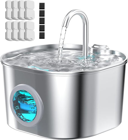 HOOISE Cat Water Fountain with 8 Filters + 5 Sponges,Small Pet Waterer Dispenser Fountains for Drinking Cats Indoor Metal Automatic Waterer Bowl 24/7 Running Auto Kitty Watering Supplies Quiet Pump