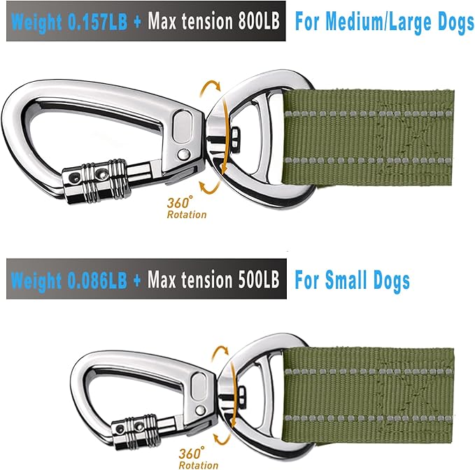 AUBELL Tactical Dog Leash Heavy Duty,4-6ft Reflective Strong No Pull Bungee Leash for Small Dogs with Comfortable Padded Double Handle,Car Seat Belt,360 Degree Rotating Carabiner,Green