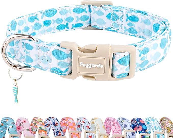 Faygarsle Fish Pattern Dog Collar, Adjustable with Buckle, Blue and White, Summer Design for Small Medium Large Dogs XS