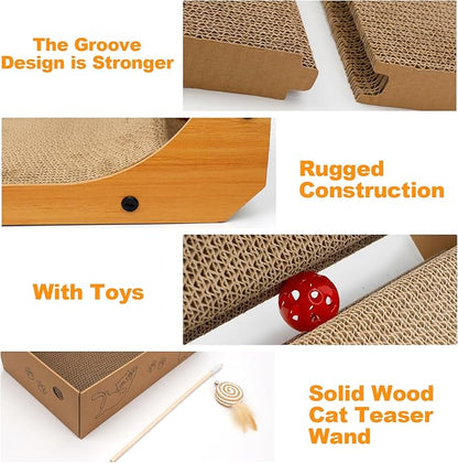 Goosheep L-Shaped Cat Scratcher 2-in1 Scratching Board for Indoor Cats Protecting Furniture Cardboard Box Scratch Pad with Ball Toy Cats Scratching Posts with Cat Teaser