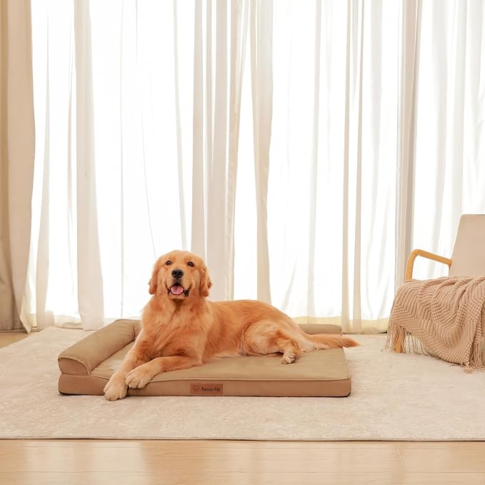 Rainmr Orthopedic Dog Bed for Large Dogs, 44"x32"x6" Memory Foam Pet Bed with Washable Microsuede Cover, TPU Waterproof Liner & Nonskid Bottom, for Indoor, Outdoor, Crate ＆ Car Use, Khaki