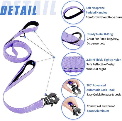 Strong Heavy Duty Dog Leash - 4ft Reflective Nylon Training Leash with Soft Padded Double Handle & Auto Lock Frog Clip, Safety Traffic Control for Large Medium Small Dogs No Pull Walk Light Purple,4ft