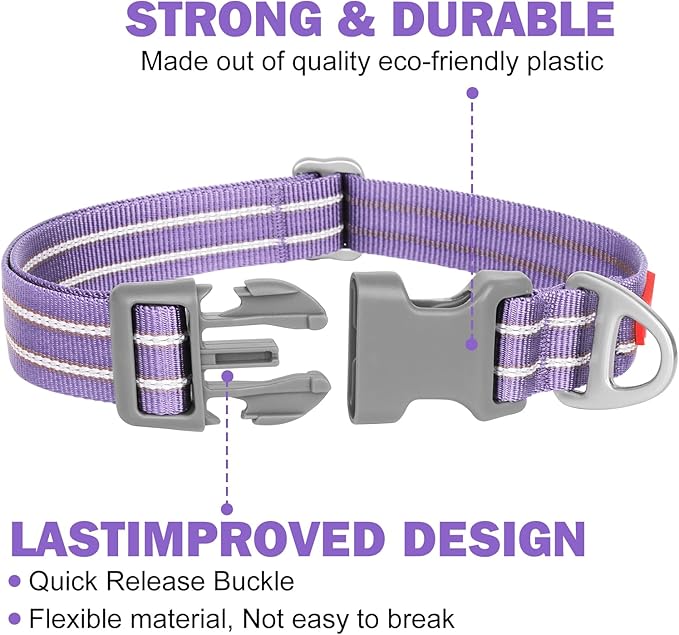 Tacwild Adjustable Reflective Dog Collar, Puppy Collar with D-Ring Buckle - Durable Safety Nylon Dog Collars for Large Dogs (Purple-L)