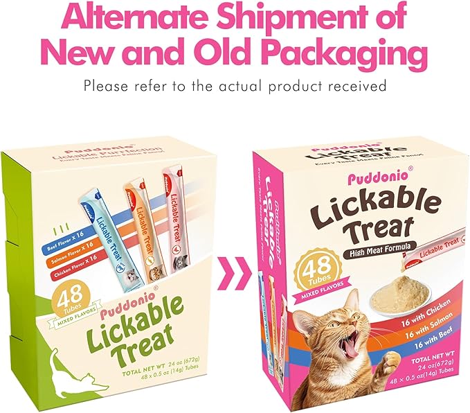 Puddonio High-Meat Lickable Cat Treats, Grain & Gum Free, No Additives, All-Natural High Protein Puree, 0.5oz Tubes (Pack of 48)