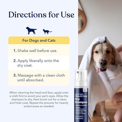 Honest Paws Dog Dry Shampoo - Waterless No Rinse Foaming Formula Reducing Itch Cleanse Hydrate Nourish Dry Skin and Smelly Coat Help Decrease Odor Shedding and Allergies - Oatmeal & Lavender - 6.3 oz