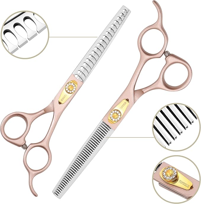 TOPGOOSE 7.5‘’ Professional Dog Grooming Scissors Set 440C Stainless Steel Straight Thinning Curved Chunker Shears 4PCS Set for Pet Grooming Services Dogs and Cats (Rose Gold, Set)
