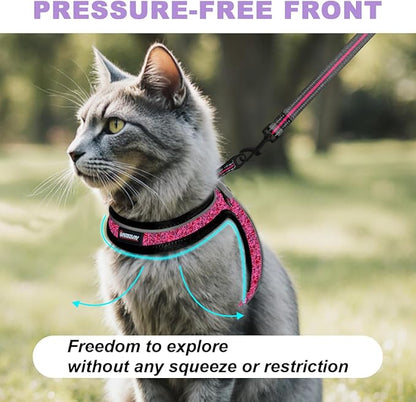 Cat Harness and Leash Set,Escape Proof Kitten Harness,Step in Adjustable Soft Lightweight,Easy Control,Reflective Strips Comfortable for Walking Travel(Pink/Black,XXXS)
