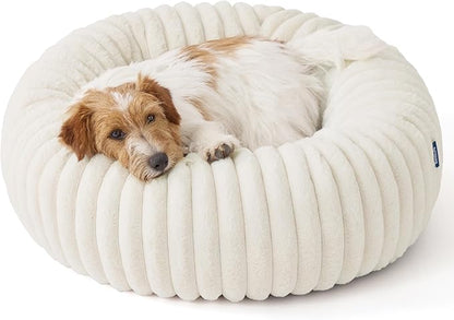 Bedsure ComfyFleece Donut Small Dog Bed - Dog Beds for Small Dogs with Corduroy Fleece & Anti Slip Bottom, Round Faux Fur Pet Beds with Washable Removable Cover, Cream, 27x27x8 inches