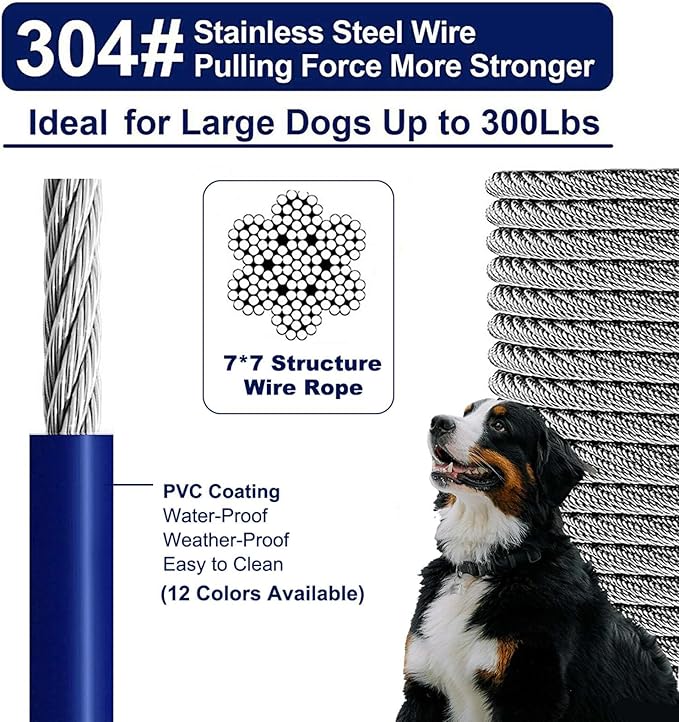 Tie Out Cable for Dogs Up to 300lbs, 120ft Extra Strong 1000lbs Break Strength Tie-Out Tether Trolley Training Lead,Dog Run Cable for Yard Garden Park Camping Outside (Blue, 300lbs 120ft)