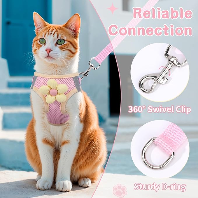 Cat Harness and Leash Set for Walking Escape Proof, Adjustable Kitten Harness Breathable Mesh with Reflective Strips Harness with Flower for Kitty Puppy Bunny