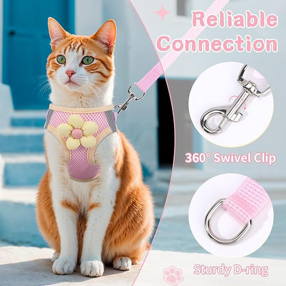 Cat Harness and Leash Set for Walking Escape Proof, Adjustable Kitten Harness Breathable Mesh with Reflective Strips Harness with Flower for Kitty Puppy Bunny